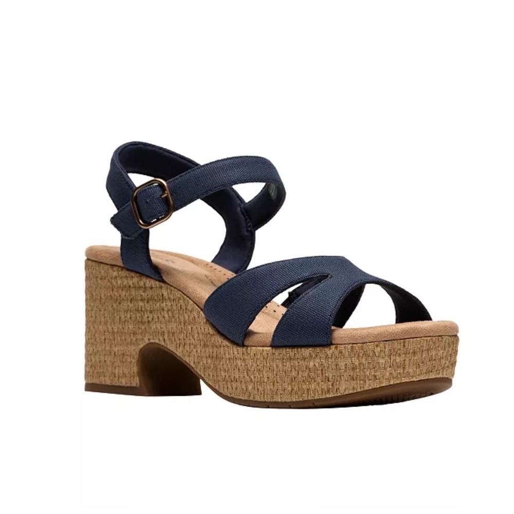 NWT Clarks Kimmei Ivy Black Canvas Platforms Sandals Womens 10W Chunky Comfort